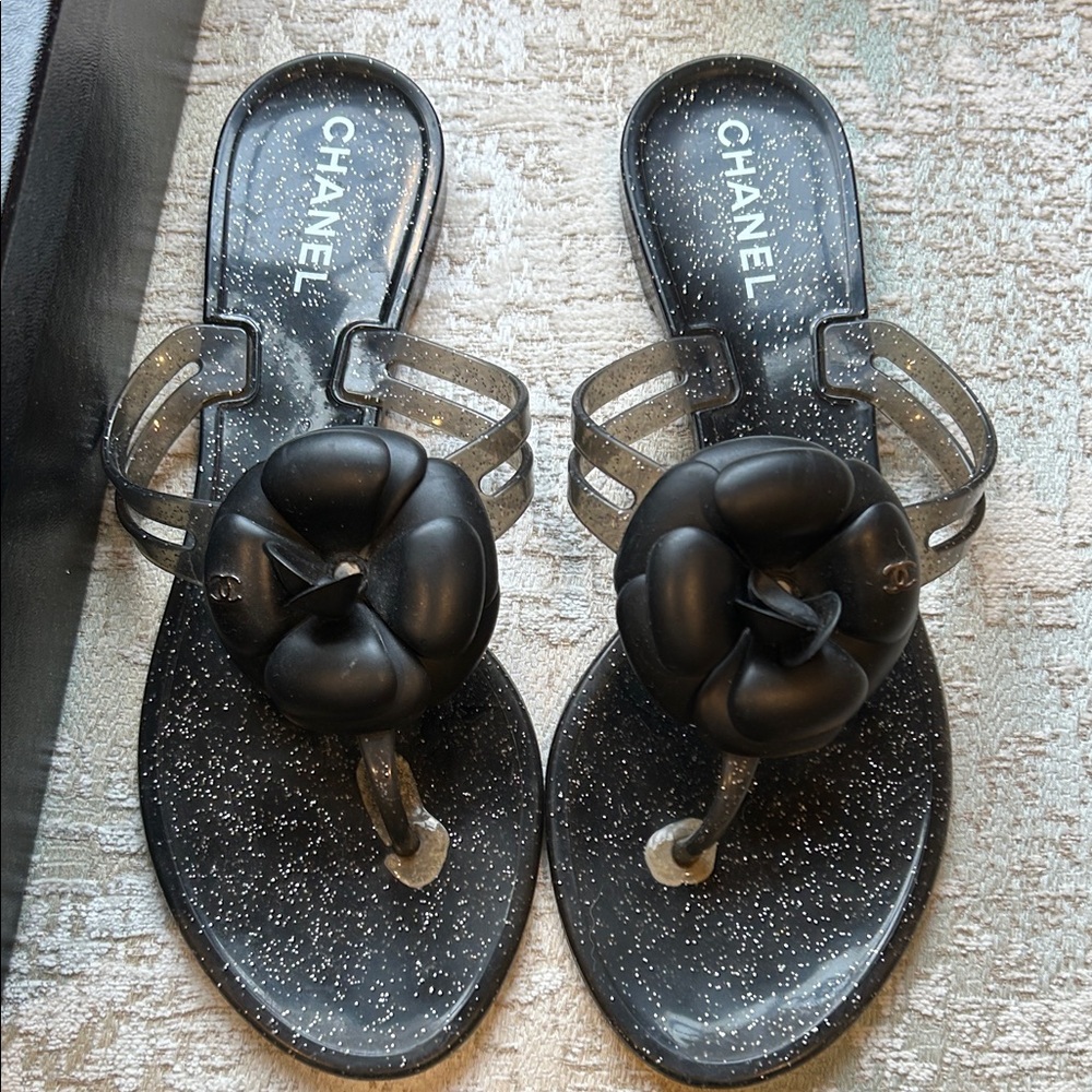 Chanel Glitter Black Sandals with Floral Accent